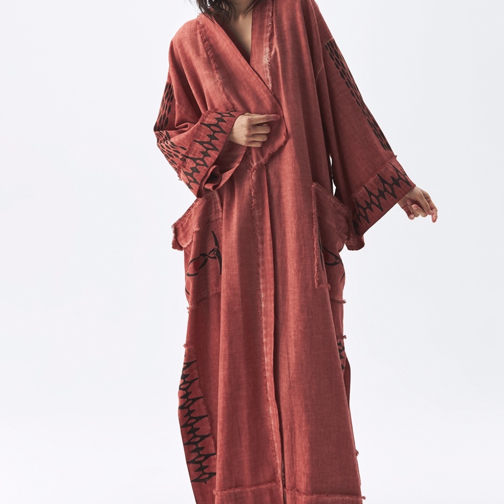 Simpuna Linen Terracotta Block Printed Unisex Kimono